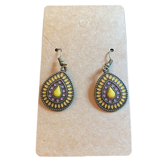 Boho Style Antique Gold Yellow and Purple  Teardrop Drop Earrings - Picture 1 of 4